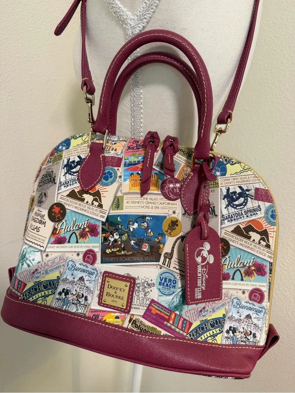 Dooney & Bourke Multicolor Disney Vacation Club Dome Satchel Burgundy Trim Purse